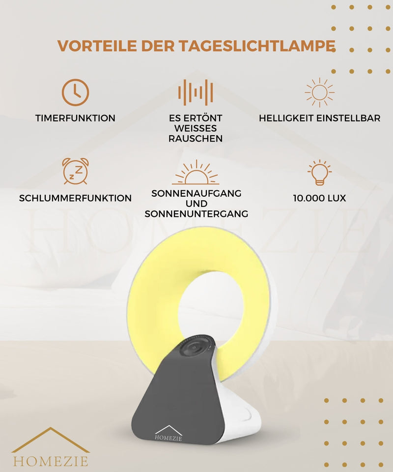Homezie Tageslichtlampe | Wake-up-Licht | White-Noise-Maschine | Eingebaute Timer | 10.000 Lux | Lichttherapielampe