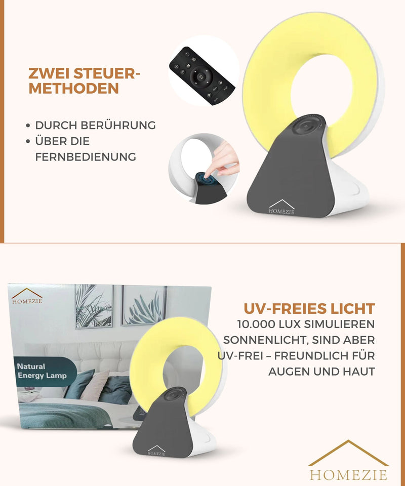 Homezie Tageslichtlampe | Wake-up-Licht | White-Noise-Maschine | Eingebaute Timer | 10.000 Lux | Lichttherapielampe