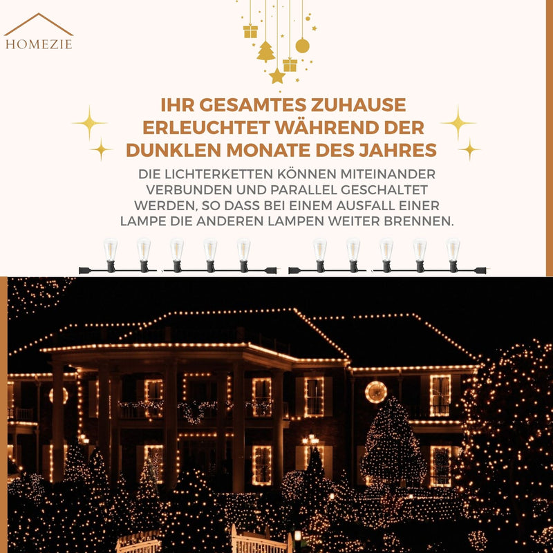 Homezie® Lichterkette | IP65 Wasserdicht | Kunststoff S14 LED-Lampen | Warmweiß | Verbindbar & Dimmbar | In verschiedenen Längen erhältlich