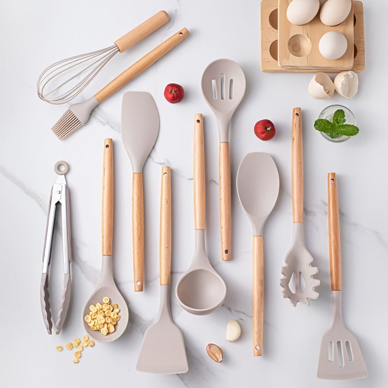Homezie.de-Homezie Küchengeräte Set | 12 Stück Silikon Mit Holz | Ideal Für Zuhause Und Restaurant
