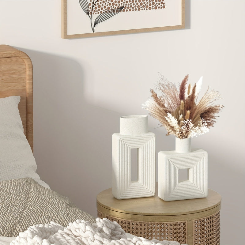 Homezie.de-Homezie Vasen Set | Weiße Keramische Quadratische Vasen | Rustikale Boho Wohnkultur