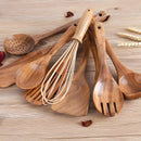Homezie Küchenutensilien-Set | 11-teilig aus Teakholz mit Halter | Kochbesteck für Kochen, Braten und Servieren