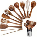 Homezie Küchenutensilien-Set | 11-teilig aus Teakholz mit Halter | Kochbesteck für Kochen, Braten und Servieren