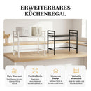 Homezie Küchenregal | Erweiterbar, 3 Ebenen & 6 Haken | Für Mikrowelle und Küchenorganisation